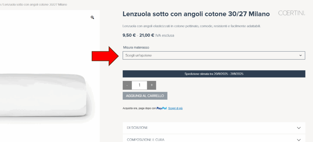 Screenshot elenco a discesa per selezionare misura e dimensioni lenzuolo sotto con angoli